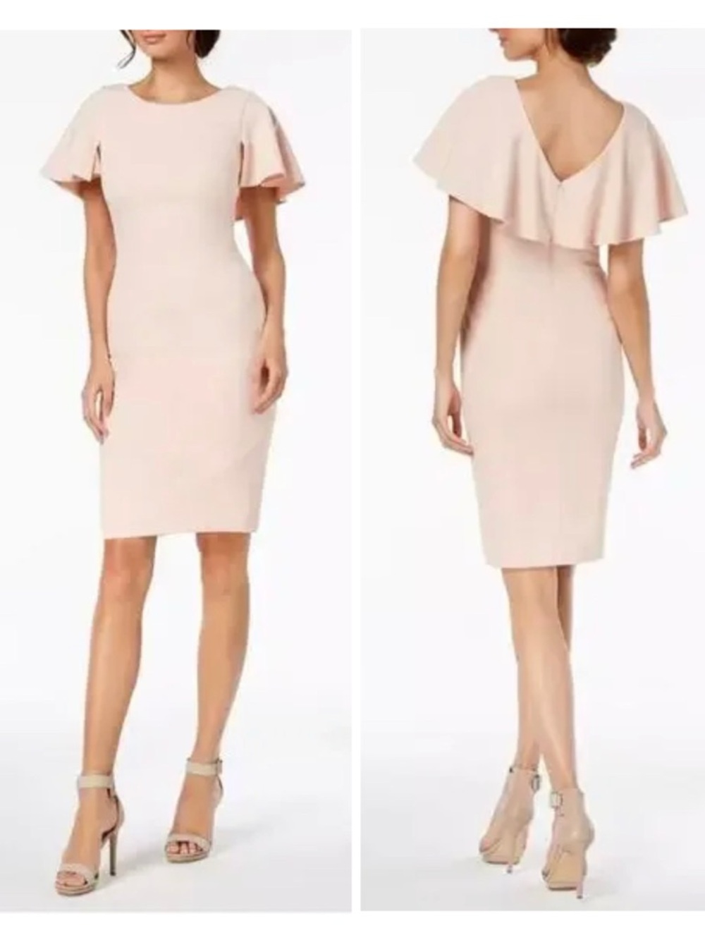Calvin Klein Pink Ruffle V Back Flutter Sleeve Boat Neck Sheath Dress Size 6